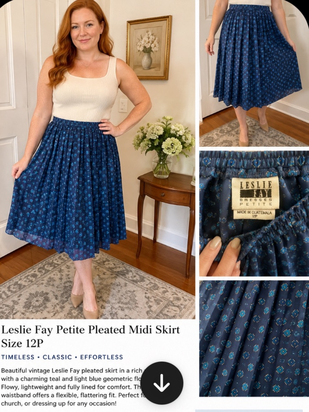 Vintage Leslie Fay Navy Blue Midi Skirt with Teal Accents